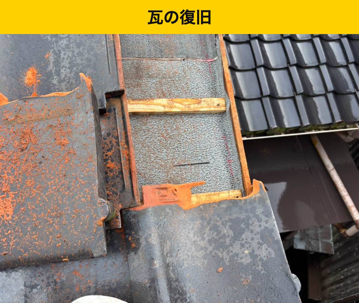 瓦の下に防水シートと瓦桟が見える復旧工程