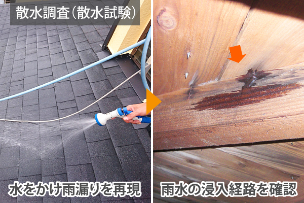 散水調査（散水試験）は、水をかけ雨漏りを再現、雨水の浸入経路を確認します