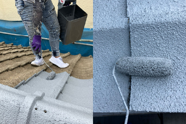 下塗りで整えたセメント瓦に中塗り、上塗りと塗装を重ねる