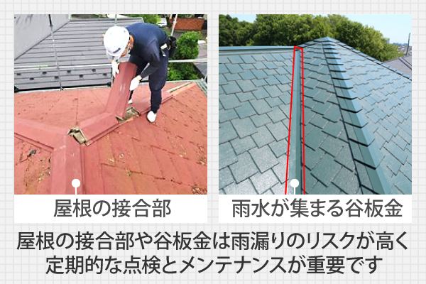 屋根の接合部や谷板金は雨漏りのリスクが高く定期的な点検とメンテナンスが重要です
