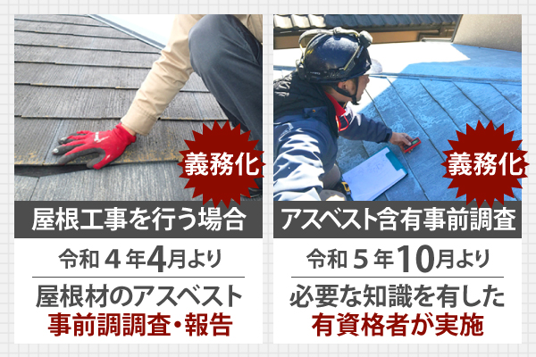屋根工事を行う場合は事前調調査・報告が義務化されており、アスベスト含有事前調査には有資格者が実施することが義務付けられています