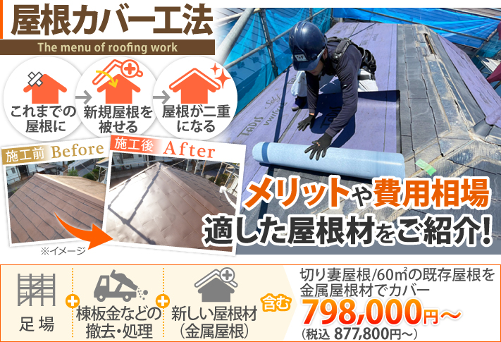 屋根カバー工法のメリットや費用相場、適した屋根材をご紹介！切り妻屋根/60㎡の既存屋根を金属屋根材でカバーした場合の費用は税込877,800円〜