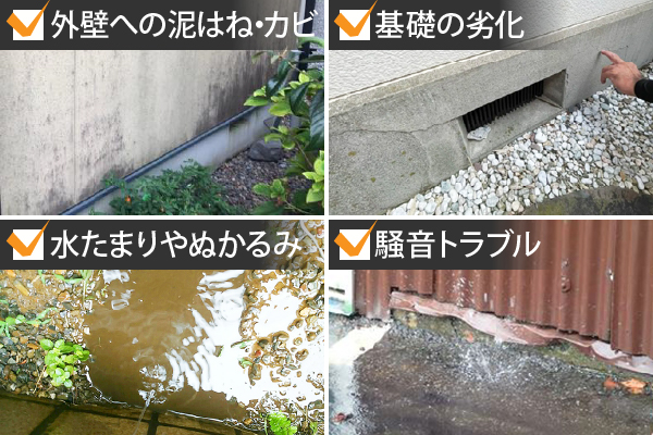 外壁への泥はね・カビ、基礎の劣化、水たまりやぬかるみ、騒音トラブル