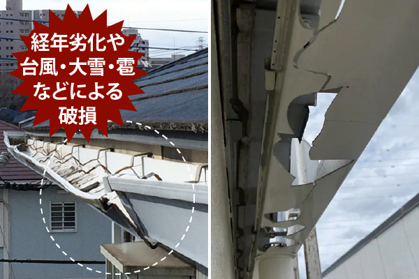 経年劣化や台風・大雪・雹などによる破損