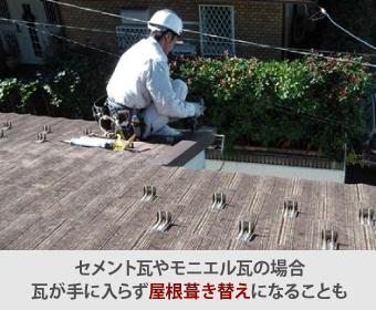 セメント瓦やモニエル瓦の場合瓦が手に入らず屋根葺き替えになることも